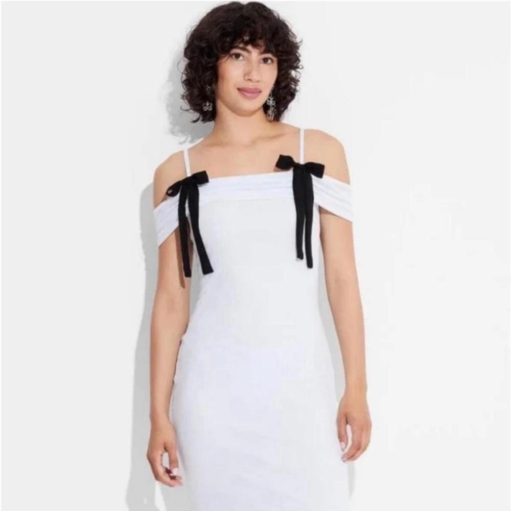 Wild Fable Light Blue Off the Shoulder Midi Dress with Detachable Bows